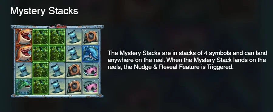 Funkce Mystery Stacks v Razor Shark: stohy řas po 4 spouštějí Nudge and Reveal